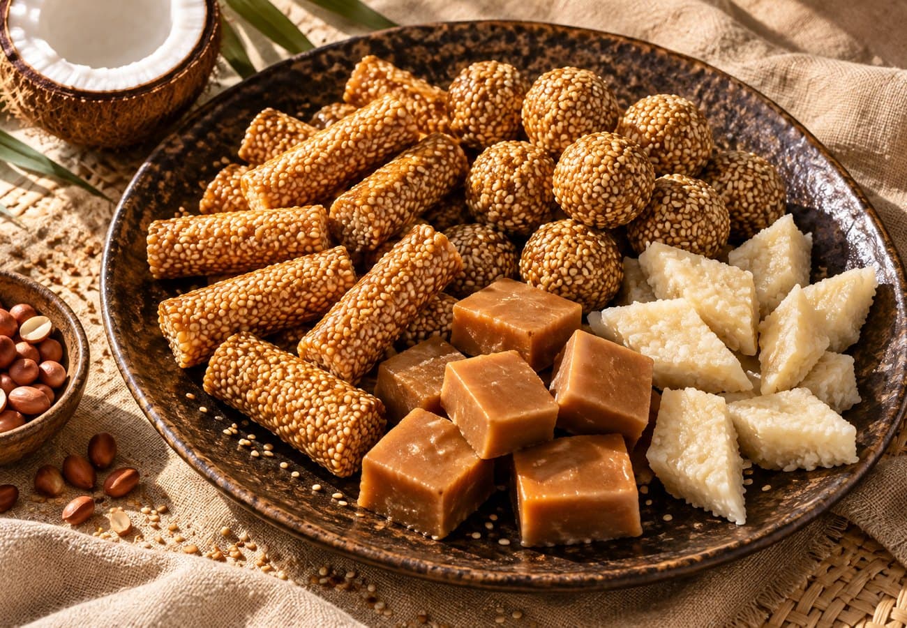 Illustrative traditional confectionery and ingredients on warm linen