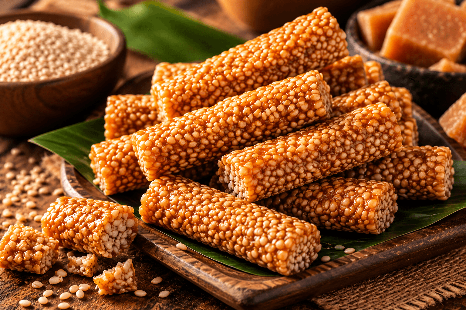Sesame brittle sticks on a rustic wooden board